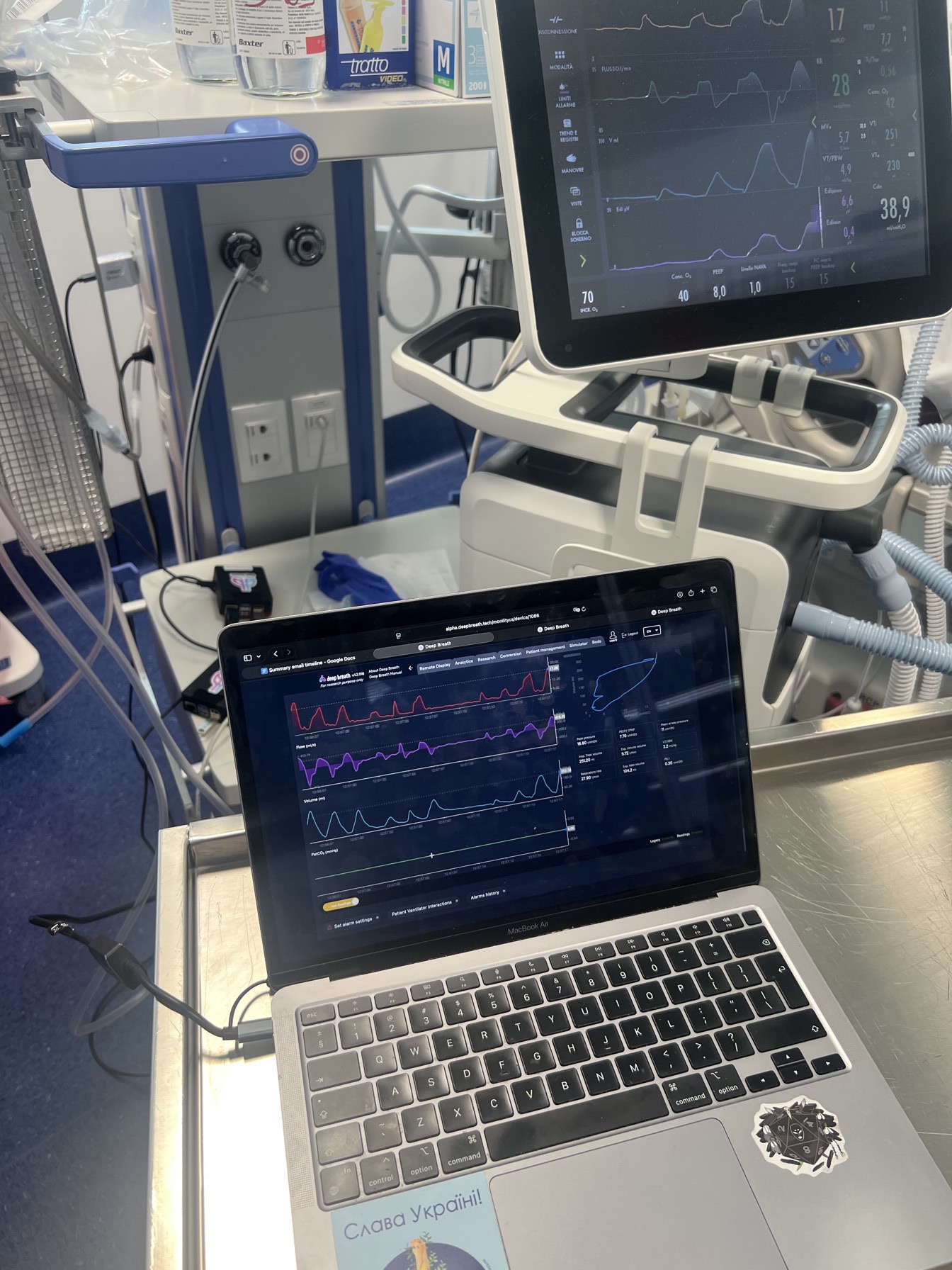 Deep Breath platform running next to a ventilator and ICU monitors